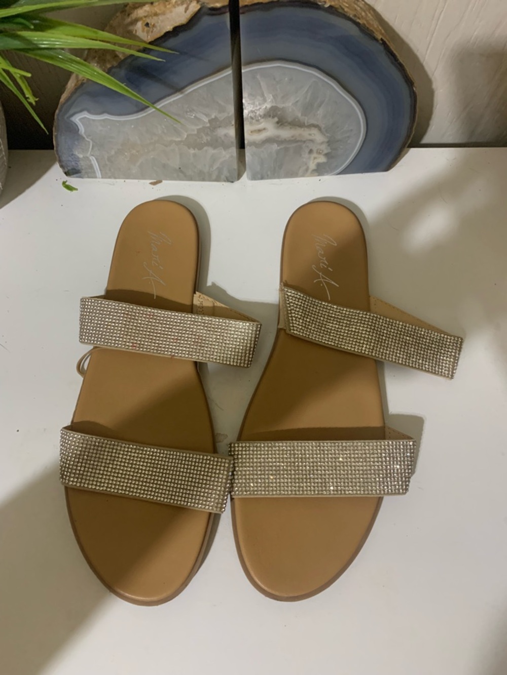 Rhinestone Double-Strap Tan Slide Sandals